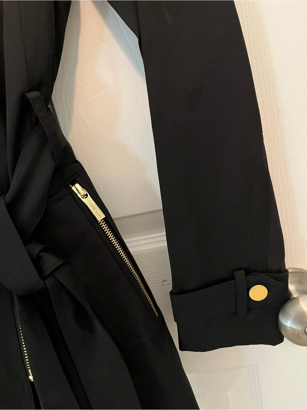 NWT Michael Michael Kors Black Belted Moto Trench Coat Gold Hardware Size S